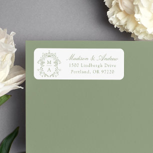 Elegante saliegroene wapenschild monogram huwelijk etiket