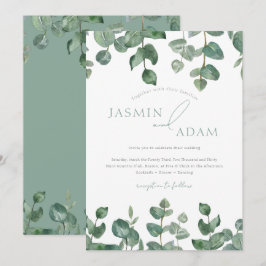 Elegante saliegroene watercolor eucalyptus bruilof kaart