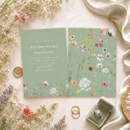 Elegante saliegroene wilde bloemen trouwuitnodigin kaart