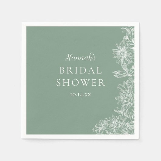 Elegante saliegroene witte bloemige bruids-shower servet (Voorkant)