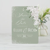Elegante Saliegroene Witte Bloemige Save The Date (Staand voorkant)