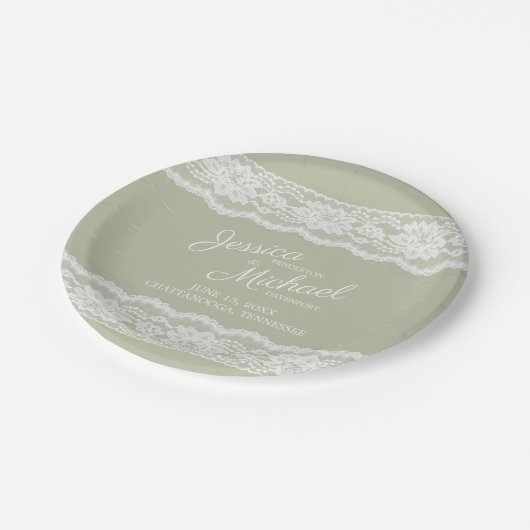 Elegante saliegroene witte kant trouw papieren bordje (Gekanteld)