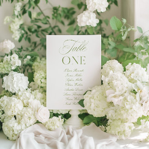 Elegante Saliegroene & Witte Trouwtafel Nummer Kaart