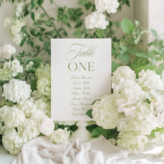 Elegante Saliegroene & Witte Trouwtafel Nummer Kaart