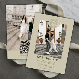 Elegante saliegroene zegelmonogram save the date kaart