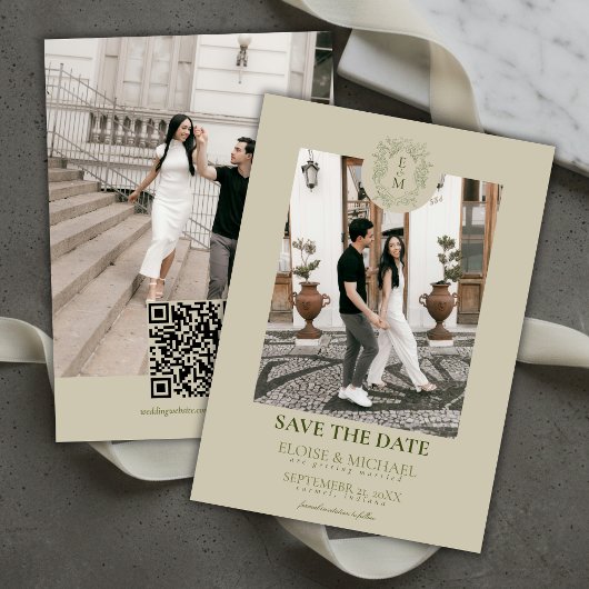 Elegante saliegroene zegelmonogram save the date kaart