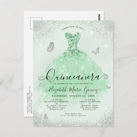 Elegante saliegroene zilveren glitter jurk Quincea Briefkaart (Voorkant / Achterkant)