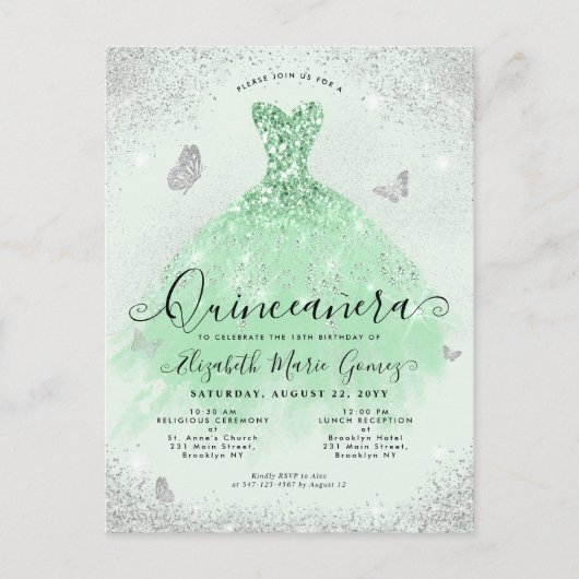 Elegante saliegroene zilveren glitter jurk Quincea Briefkaart (Voorkant)