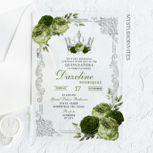 Elegante Saliegroene Zilveren Kroon Quinceanera Acryl Uitnodigingen