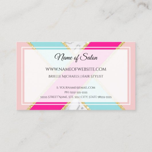 Elegante Salon Roze en Blauw Glitter en Marmer Visitekaartje (Achterkant)