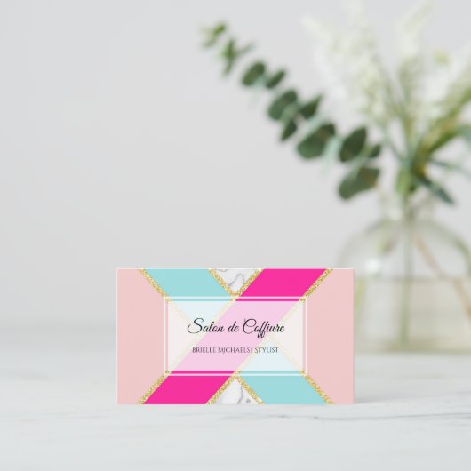 Elegante Salon Roze en Blauw Glitter en Marmer Visitekaartje (Staand voorkant)