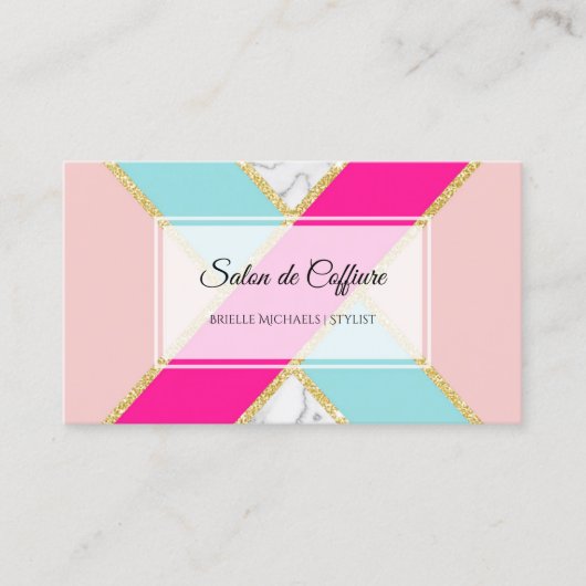 Elegante Salon Roze en Blauw Glitter en Marmer Visitekaartje (Voorkant)