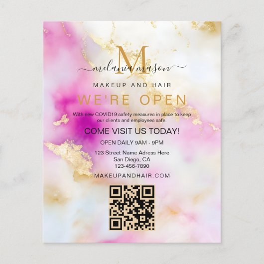 Elegante Salon We're Open Pink Gold Waterverf Flyer (Voorkant)