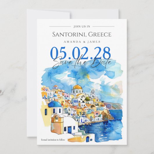 Elegante Santorini Waterverf Bruiloft Save the Dat Kaart (Voorkant)