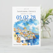 Elegante Santorini Waterverf Bruiloft Save the Dat Kaart (Staand voorkant)
