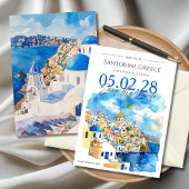 Elegante Santorini Waterverf Bruiloft Save the Dat Kaart