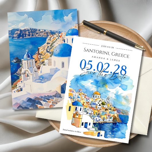 Elegante Santorini Waterverf Bruiloft Save the Dat Kaart