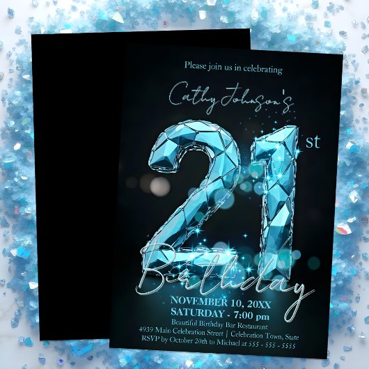 Elegante Sapphire Blue en Black 21e verjaardag Kaart