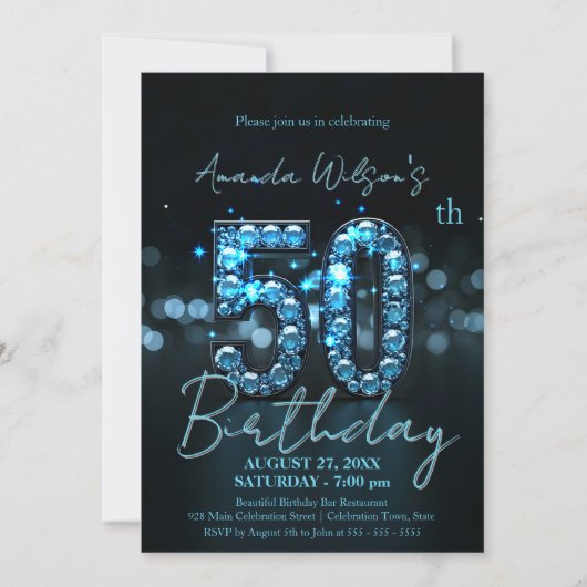 Elegante Sapphire Blue en Black 50ste verjaardag Kaart (Voorkant)