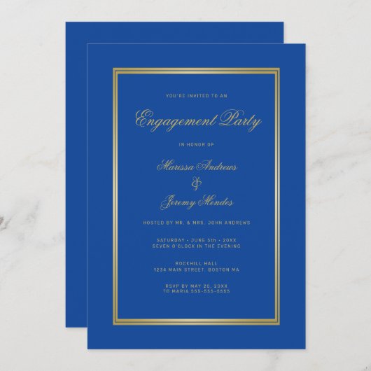 Elegante Sapphire Blue Gold Script Engagement Part Kaart (Voorkant / Achterkant)