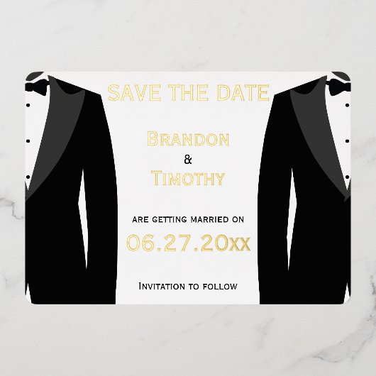Elegante Save The Date Huwelijk Tussen Mannen Echt Folie Uitnodiging (Voorkant)