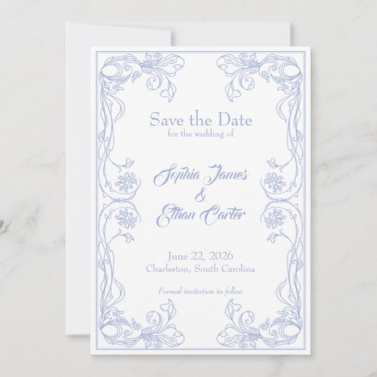 Elegante Save the Date kaart – Blauwe Roos Filigre (Voorkant)