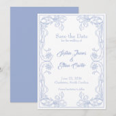 Elegante Save the Date kaart – Blauwe Roos Filigre (Voorkant / Achterkant)