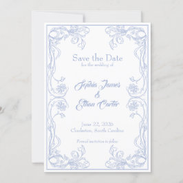 Elegante Save the Date kaart – Blauwe Roos Filigre