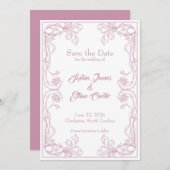 Elegante Save the Date kaart – Roze Roos Filigraan (Voorkant / Achterkant)