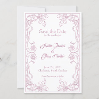 Elegante Save the Date kaart – Roze Roos Filigraan