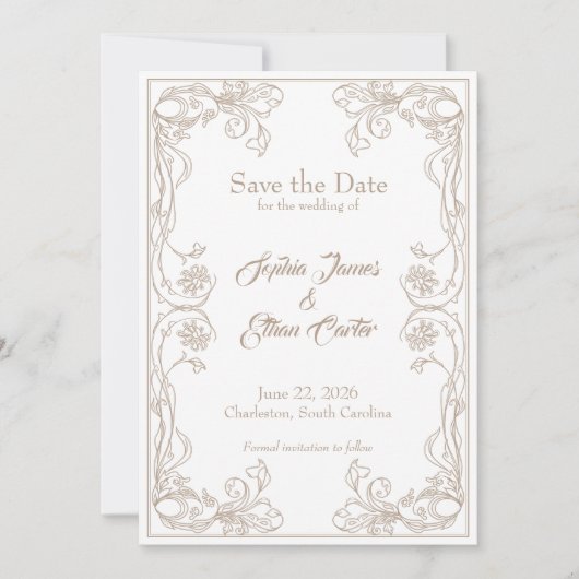 Elegante Save the Date kaart – Zand Roos Filigraan (Voorkant)
