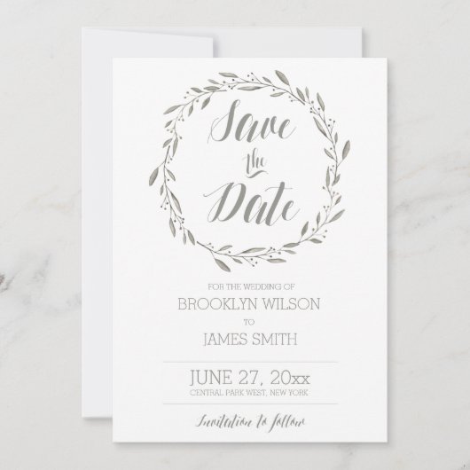 Elegante Save The Date Kaarten Grijze Bloemenkrans (Voorkant)