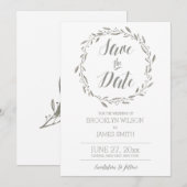 Elegante Save The Date Kaarten Grijze Bloemenkrans (Voorkant / Achterkant)