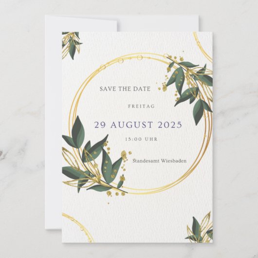 Elegante Save the Date Karte – Gold & Grün Kaart (Voorkant)