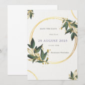 Elegante Save the Date Karte – Gold & Grün Kaart (Voorkant / Achterkant)