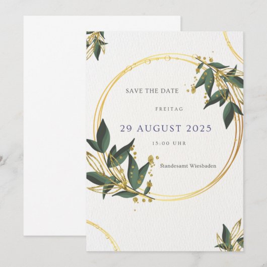 Elegante Save the Date Karte – Gold & Grün Kaart (Voorkant / Achterkant)