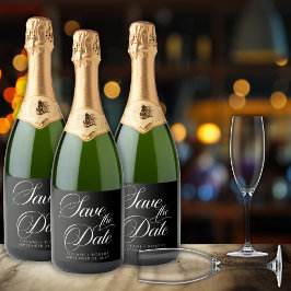 Elegante Save the Date Zwart Wit Schrift Sparkling Wijnetiket