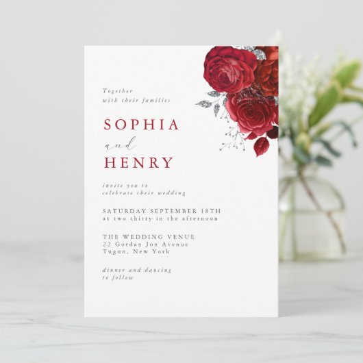 Elegante Scarlet Bloom bruiloft uitnodiging (Staand voorkant)