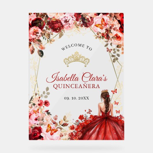 Elegante Scarlet Floral Gold Quinceañera Welkom Acryl Bord (Voorkant)