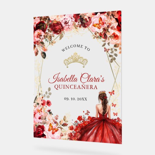 Elegante Scarlet Floral Gold Quinceañera Welkom Acryl Bord (Hoek)