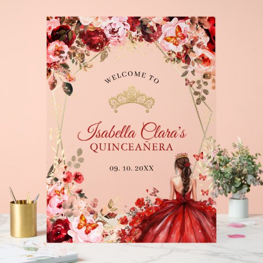 Elegante Scarlet Floral Gold Quinceañera Welkom Acryl Bord (Huwelijk)
