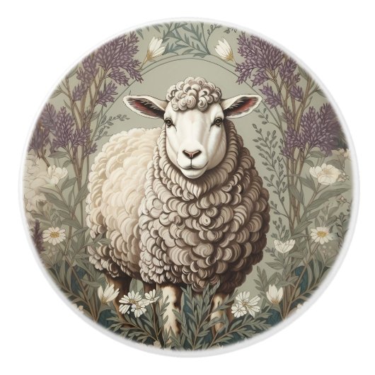 Elegante Schapen Lavendel Bloem Achtergrond Keramische Knop (Voorkant)