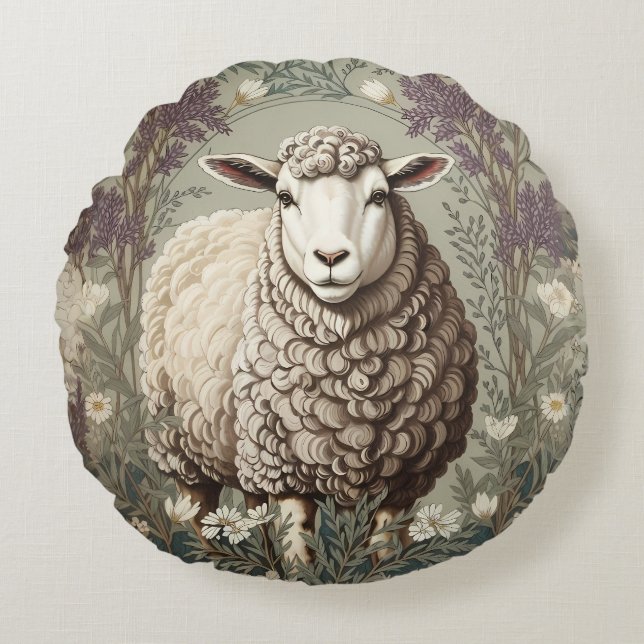 Elegante Schapen Lavendel Bloem Achtergrond Rond Kussen (Voorkant)
