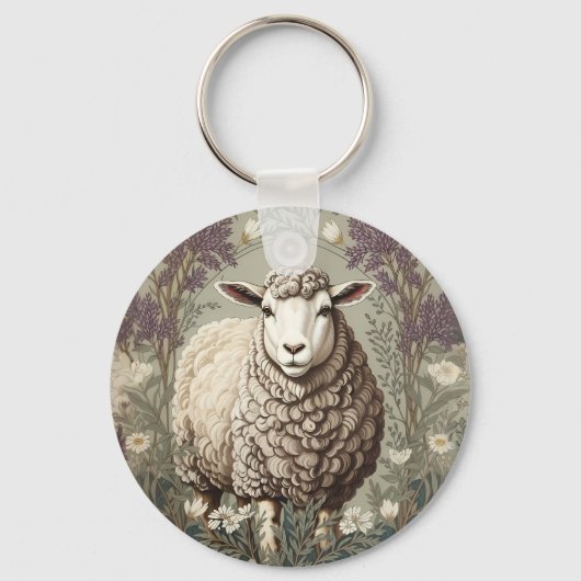 Elegante Schapen Lavendel Bloem Achtergrond Sleutelhanger (Voorkant)