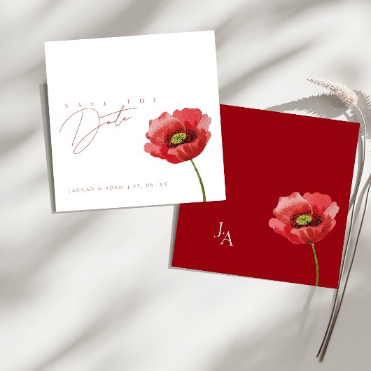 Elegante scharlakenrode klaproos bloemige trouw sa save the date