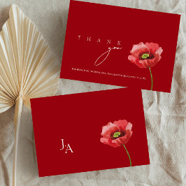 Elegante scharlakenrode klaproos monogram huwelijk bedankkaart