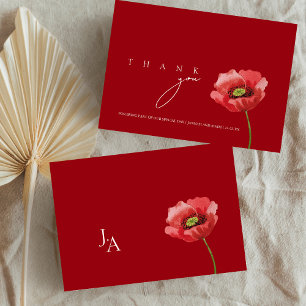 Elegante scharlakenrode klaproos monogram huwelijk bedankkaart