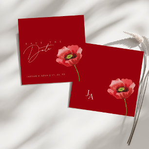 Elegante scharlakenrode klaproos monogram huwelijk save the date
