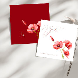 Elegante scharlakenrode klaprozen bloemige trouwka save the date