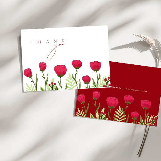 Elegante scharlakenrode wilde bloem bruiloft bedan bedankkaart